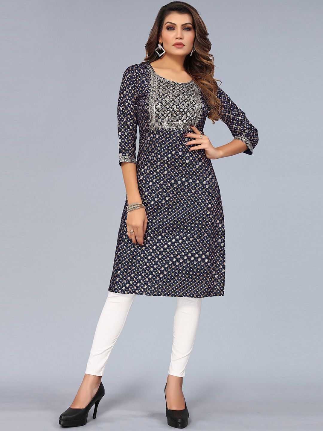 

Nimayaa Women Navy Blue Ethnic Motifs Printed Thread Work Floral Kurta