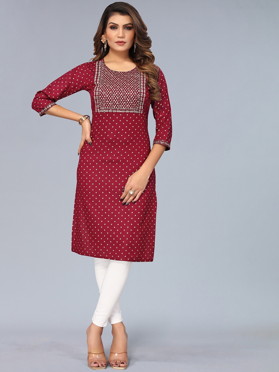 

Nimayaa Women Maroon Geometric Printed Flared Sleeves Floral Kurta