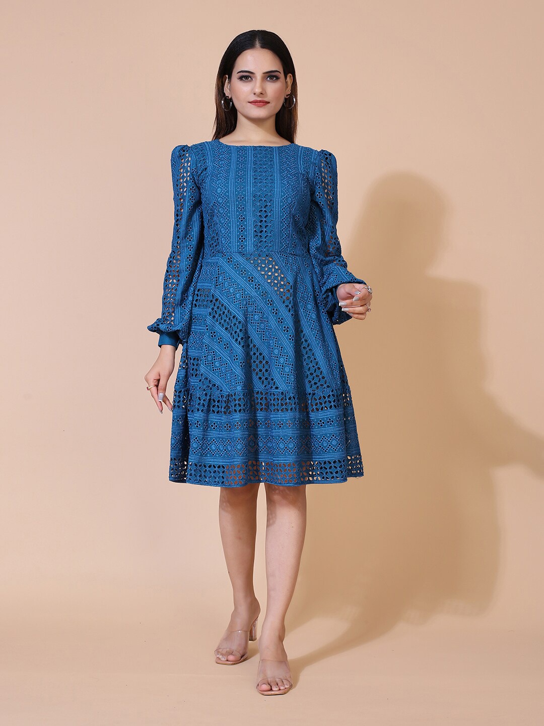 

PRENEA Women Blue Self Design Round Neck Dress