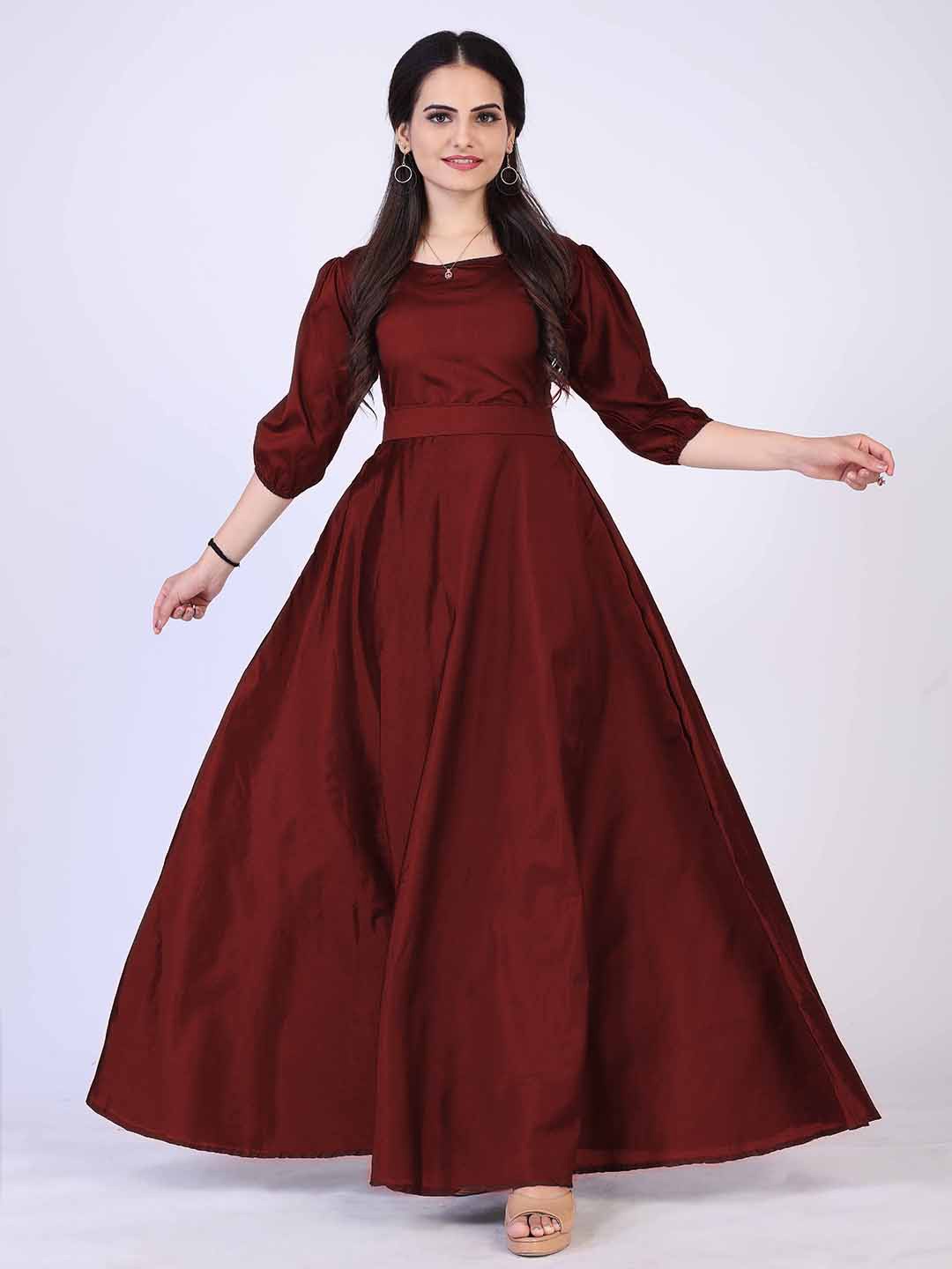 

PRENEA Maroon Solid Satin Maxi Dress