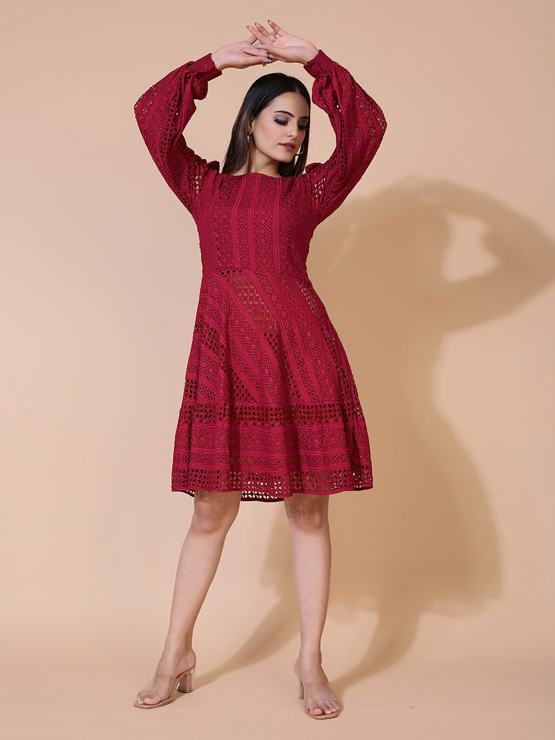 

PRENEA Women Maroon Self Design Fit & Flare Dress