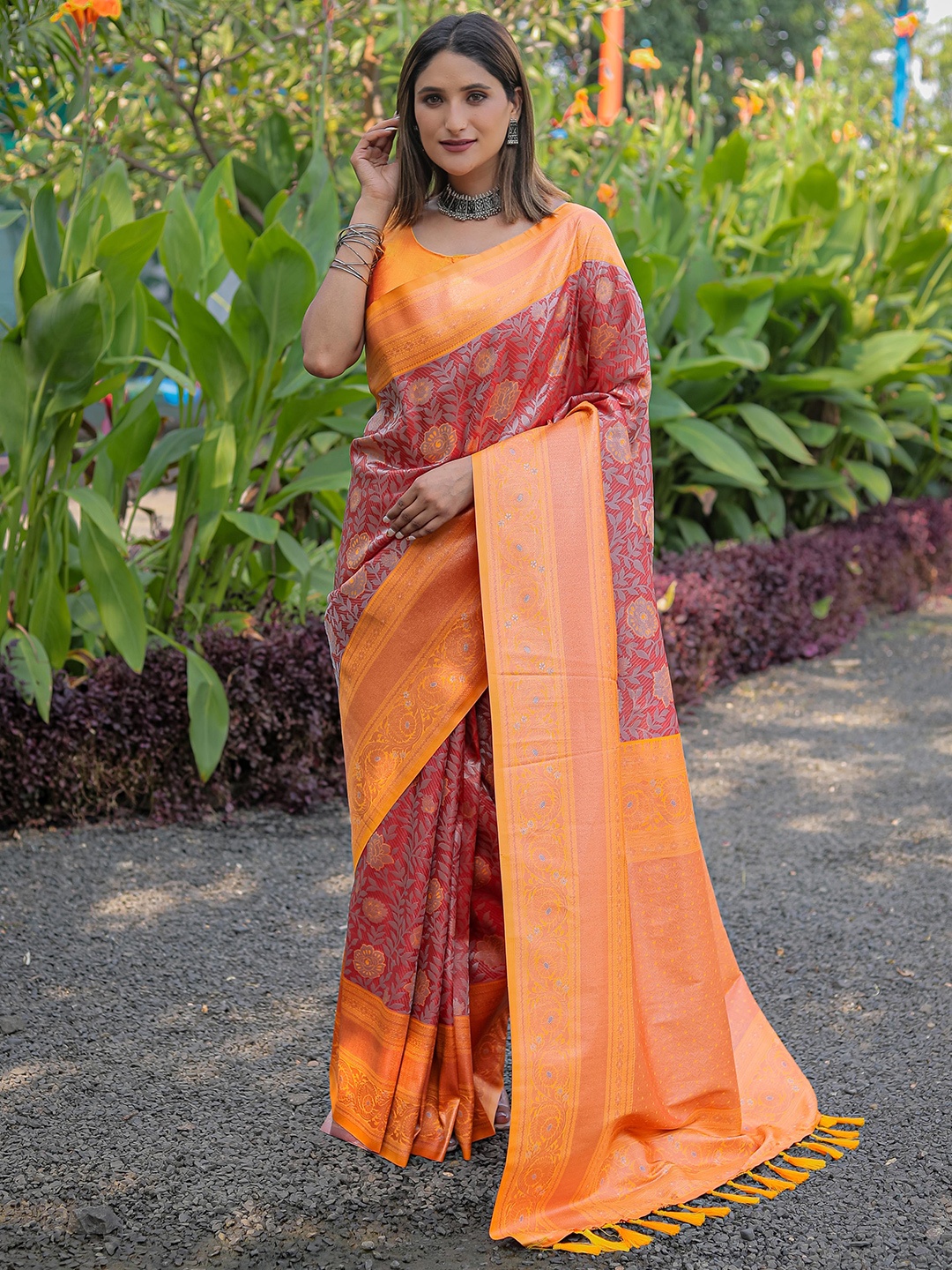 

Mitera Mustard & Orange Floral Zari Silk Blend Kanjeevaram Saree