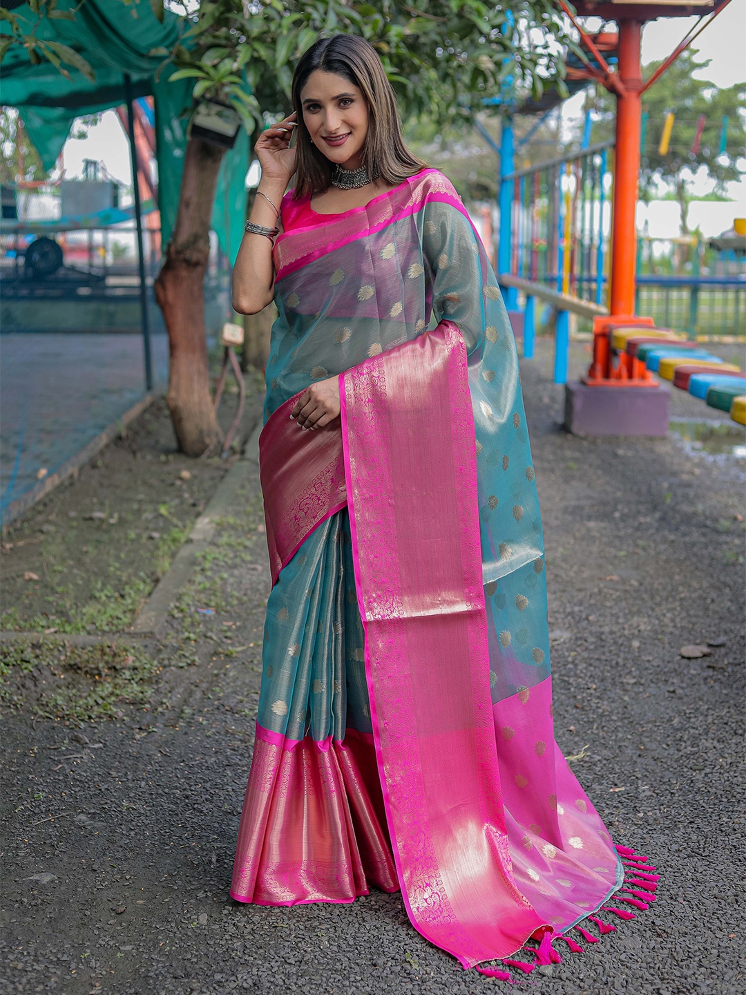 

Mitera Blue & Pink Woven Design Zari Organza Kanjeevaram Saree