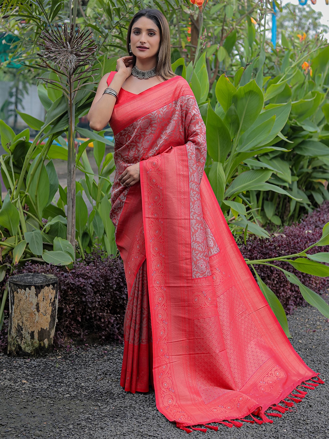 

Mitera Red & Gold-Toned Woven Design Zari Silk Blend Kanjeevaram Saree