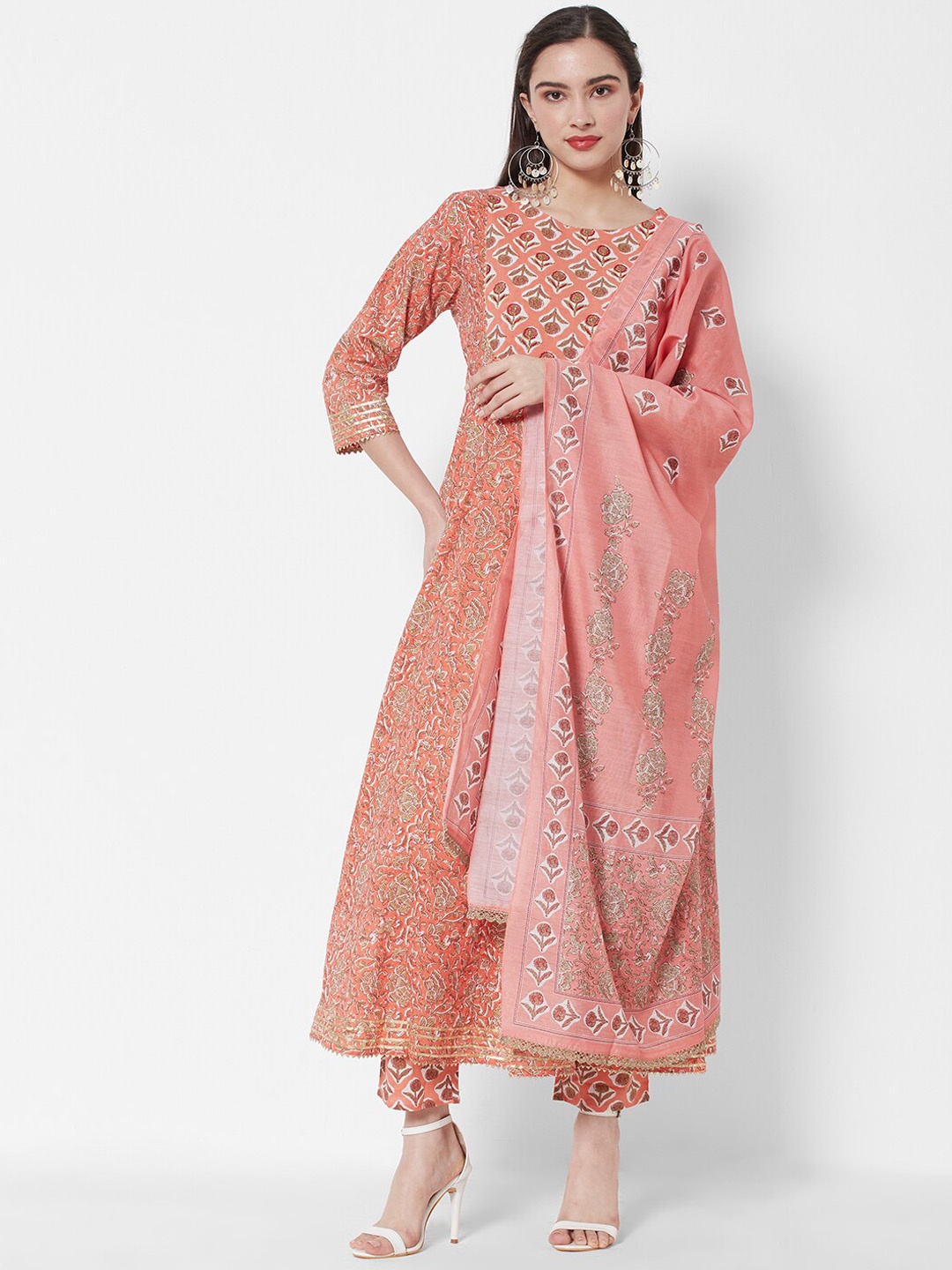 

HEEPOSH Women Rust Floral Printed Pure Cotton Kurta With Trouser And Dupatta