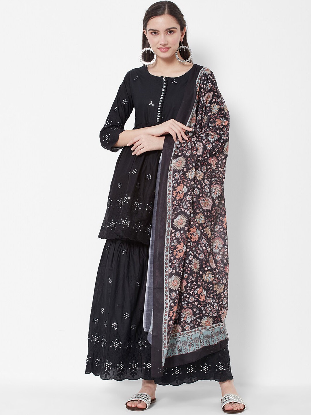 

HEEPOSH Women Black Embroidered Mirror Work Pure Cotton Kurta with Sharara & With Dupatta