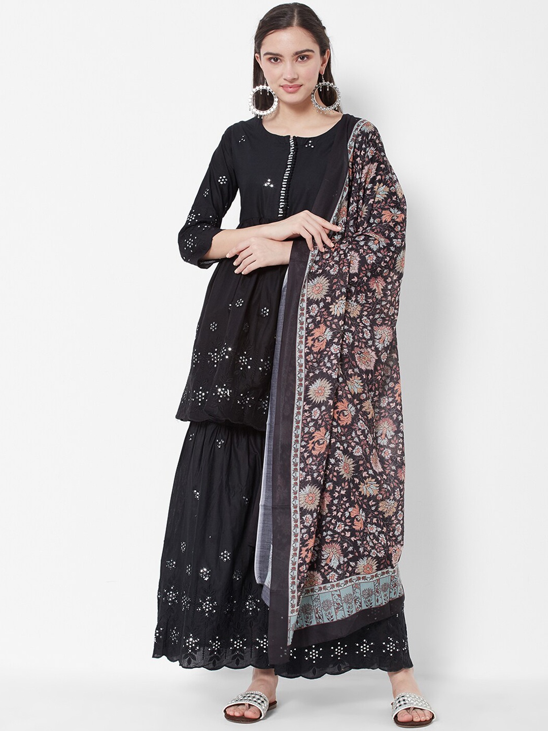 

HEEPOSH Women Black Mirror Work Pure Cotton Kurta with Sharara & With Dupatta