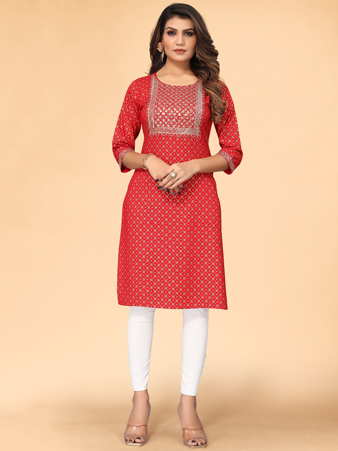 

KALINI Women Red Ethnic Motifs Printed Thread Work Kurta