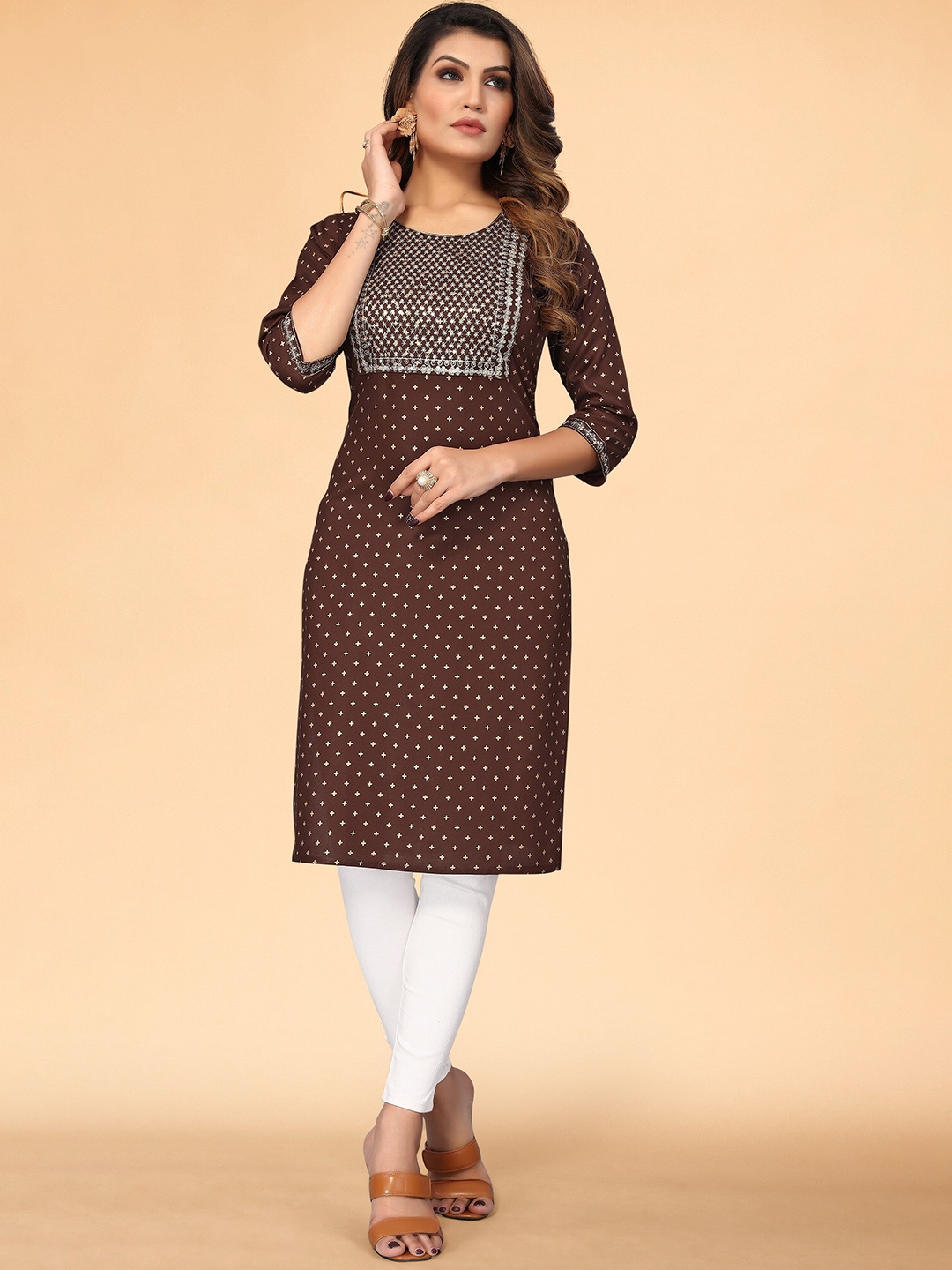 

KALINI Women Brown Ethnic Motifs Extended Sleeves Floral Kurta
