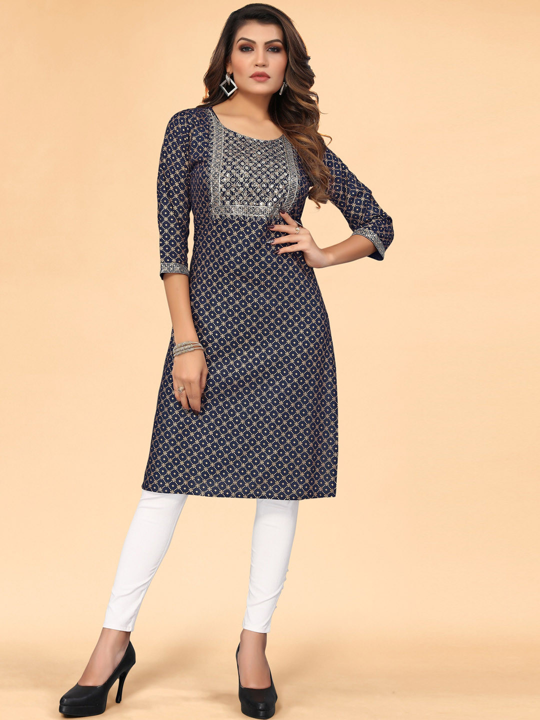

KALINI Women Navy Blue Sequinned Ethnic Motifs Printed Kurta