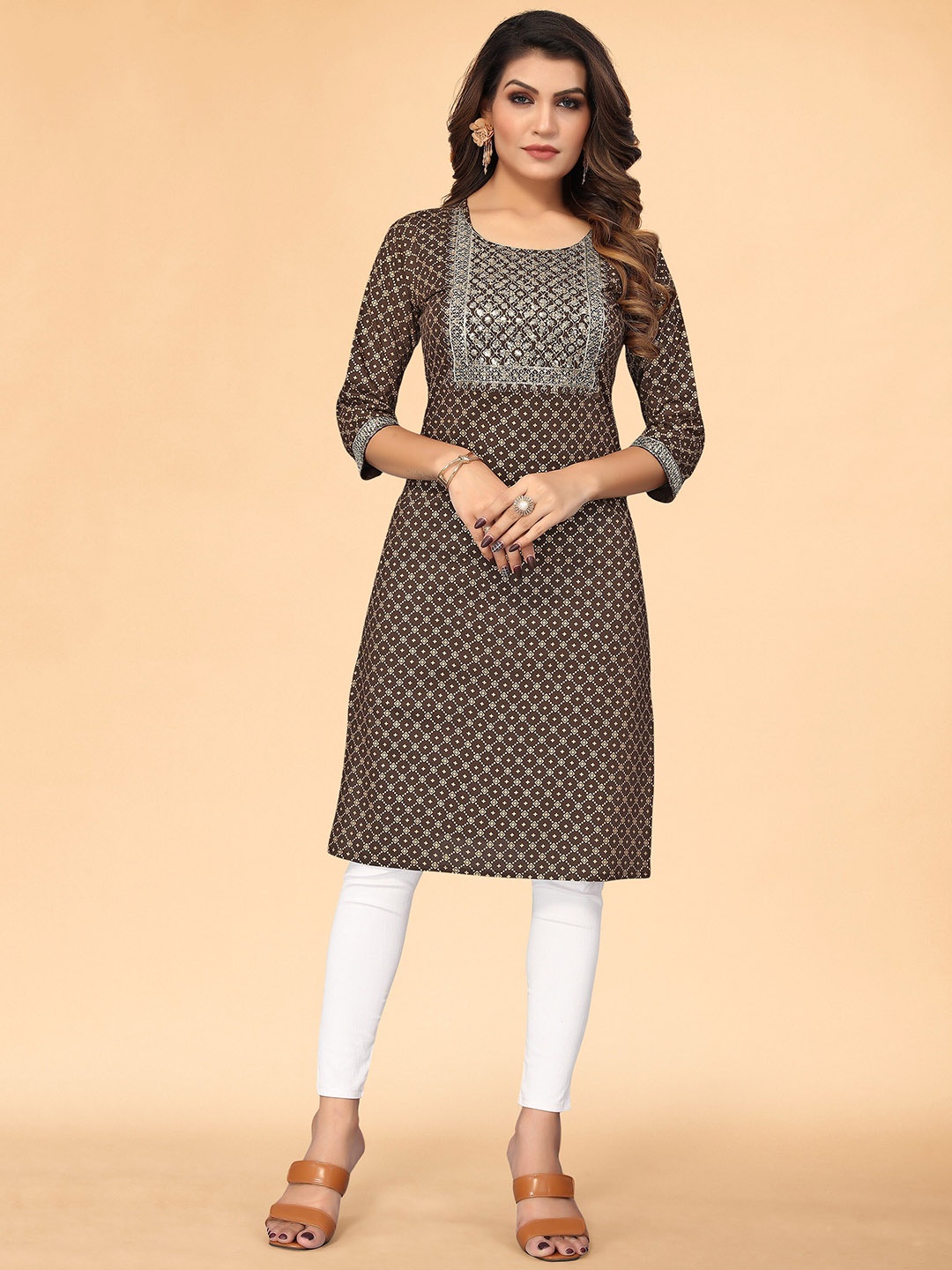 

KALINI Women Brown Foil Print Embroidered Viscose Rayon Straight Kurta