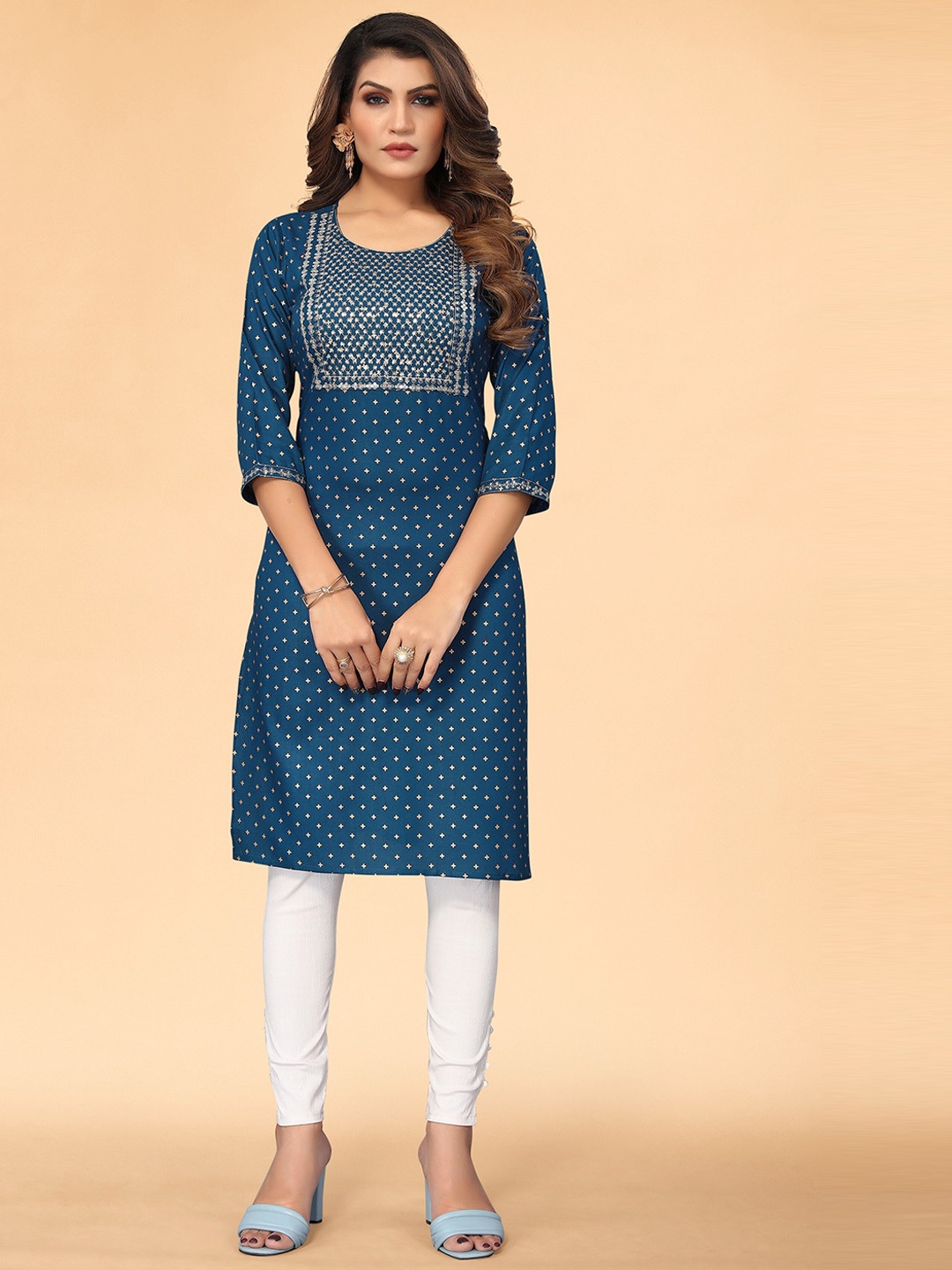 

KALINI Women Blue Sequinned Ethnic Motifs Printed Floral Kurta