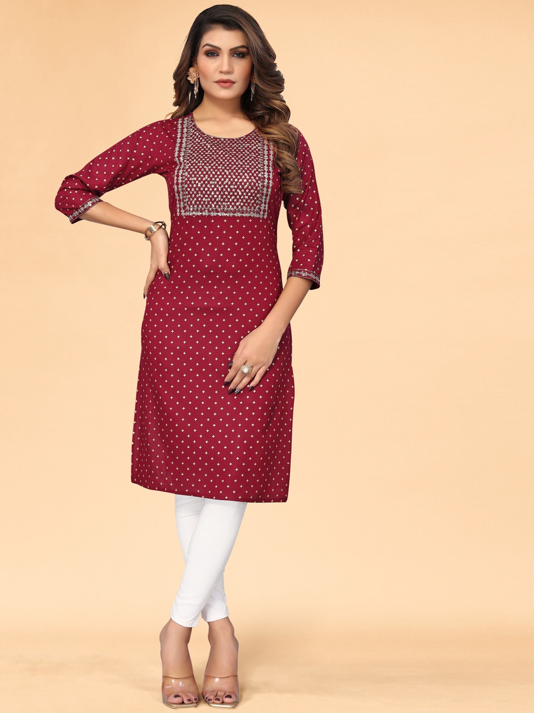 

KALINI Women Maroon Geometric Flared Sleeves Floral Kurta