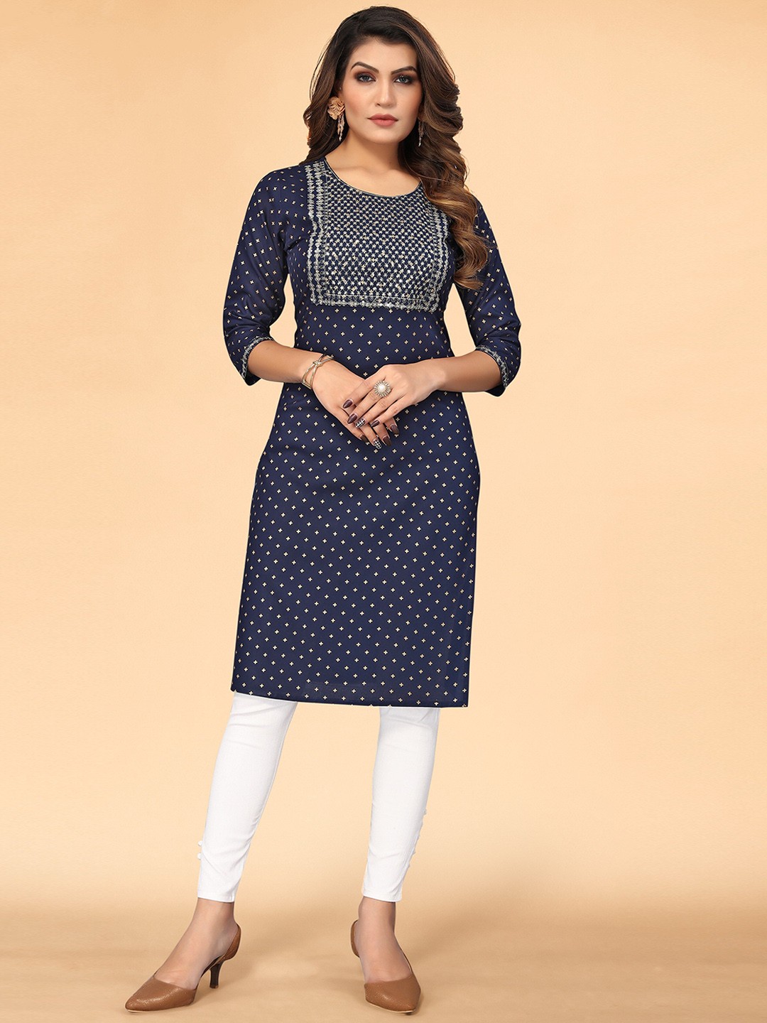

KALINI Women Navy Blue Geometric Printed Floral Kurta