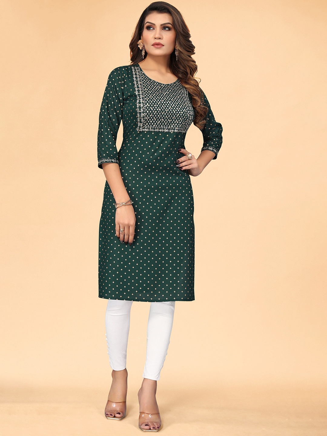 

KALINI Women Green Ethnic Motifs Printed Thread Work Floral Kurta