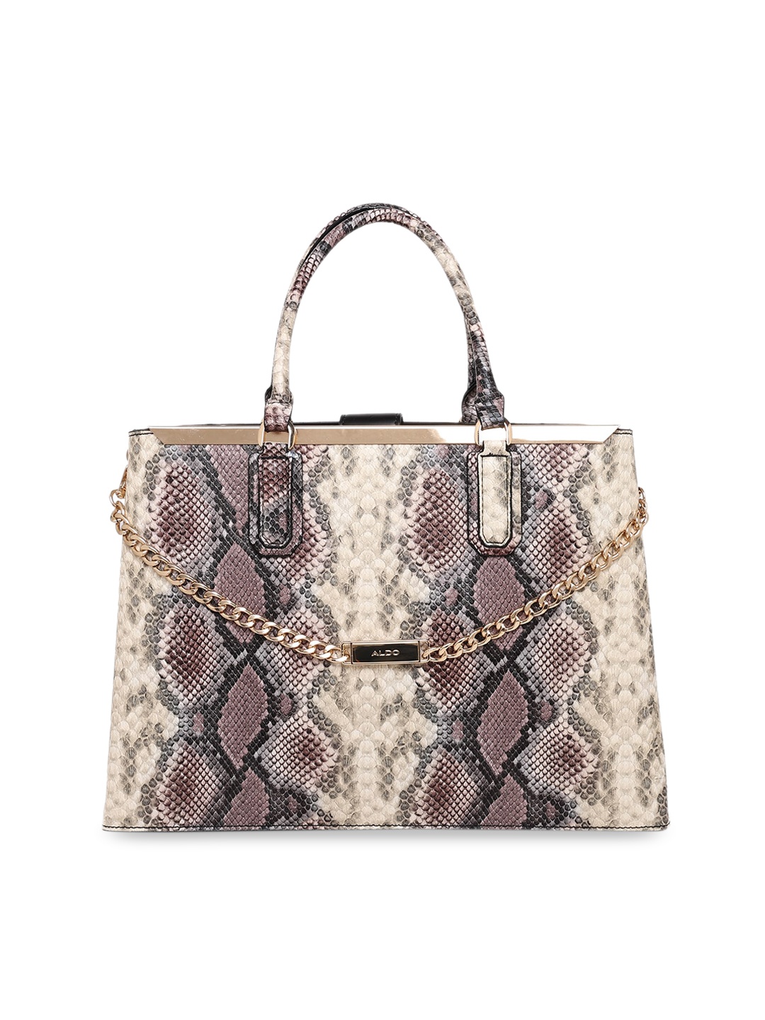 

ALDO Women Gunmetal-Toned Animal Printed PU Structured Handheld Bag, Metallic