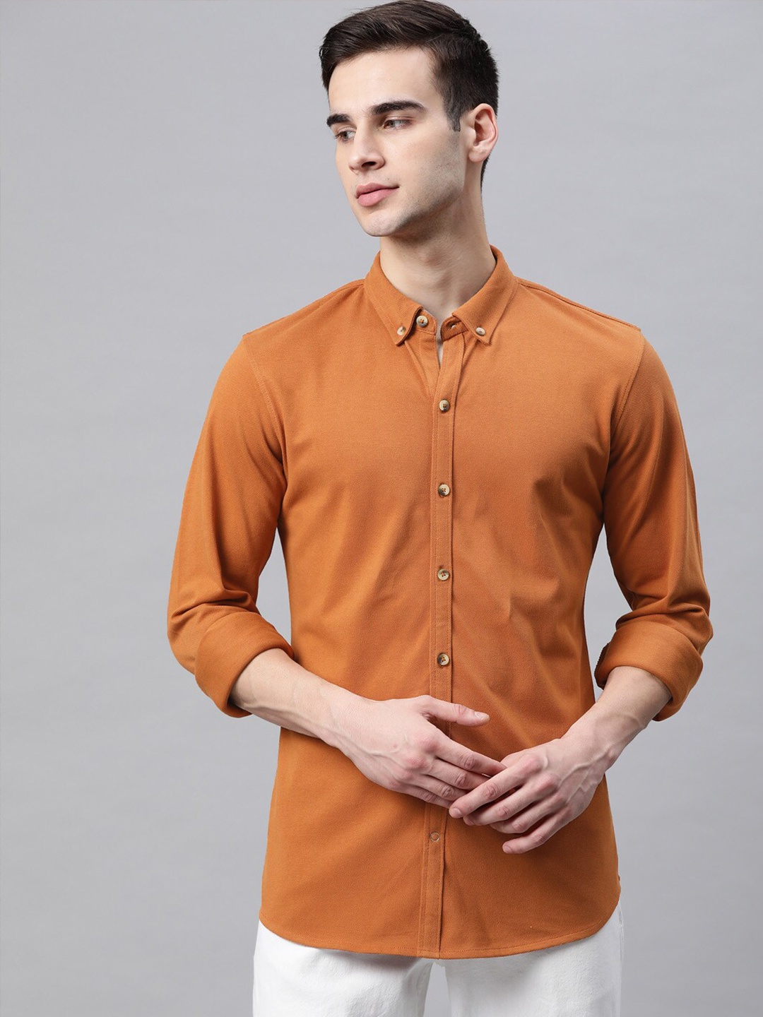 

MANQ Men Slim Fit Pure Cotton Casual Shirt, Orange