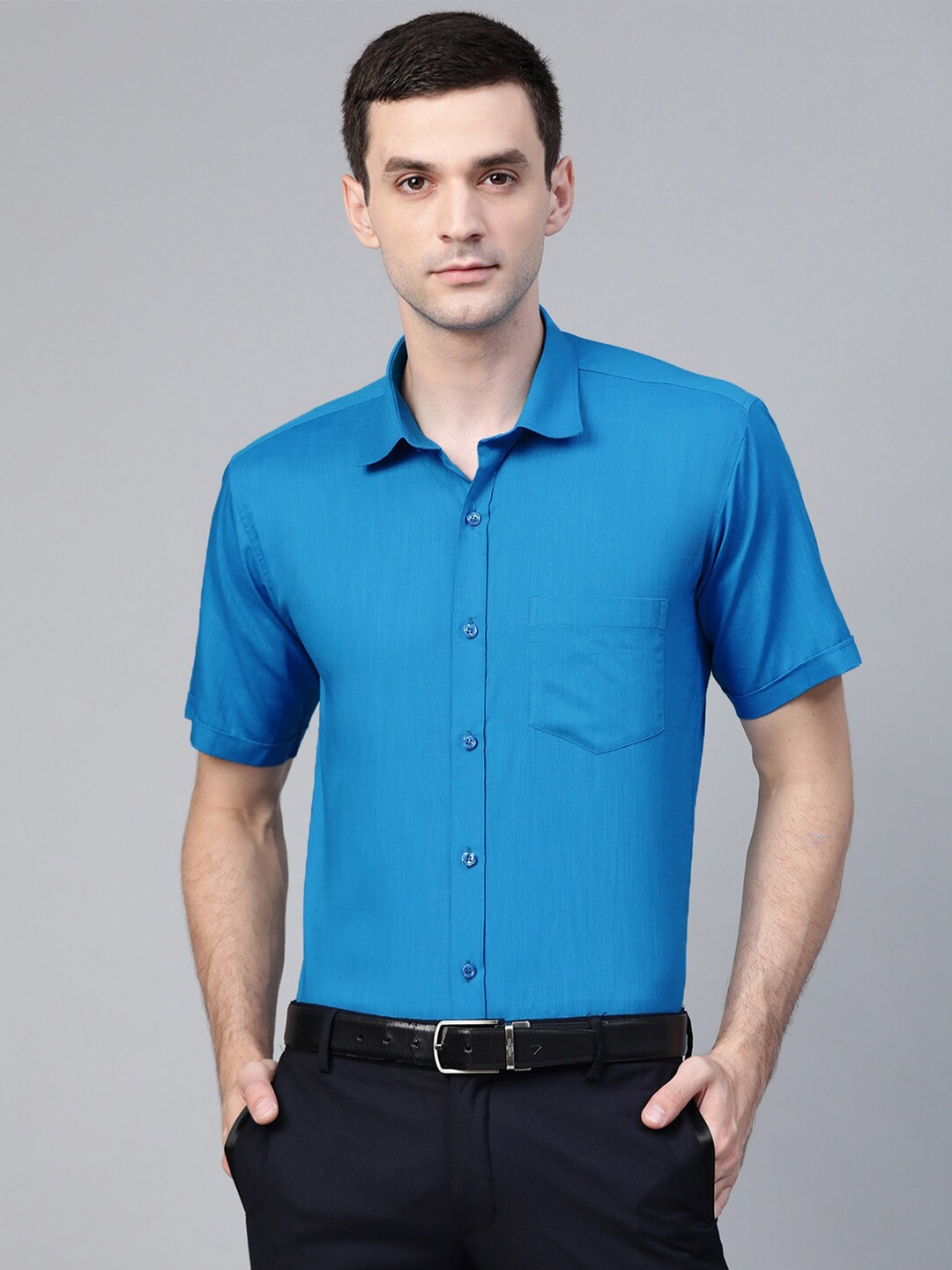 

MANQ Men Pure Cotton Semi Formal Shirt, Blue