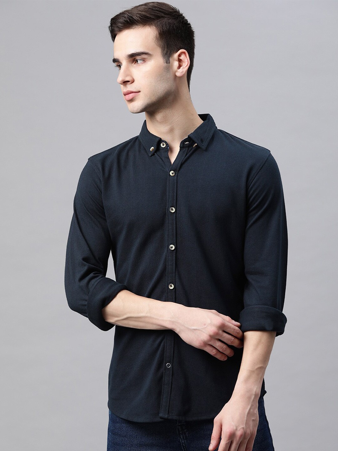 

MANQ Men Slim Fit Pure Cotton Casual Shirt, Navy blue
