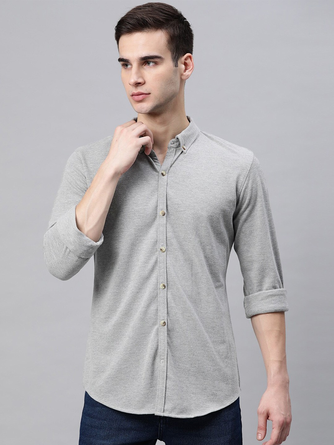 

MANQ Men Slim Fit Pure Cotton Casual Shirt, Grey melange