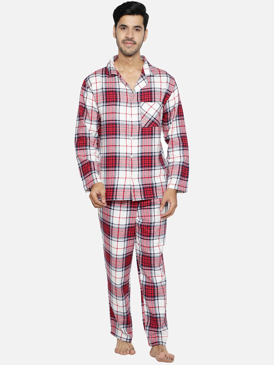 

BStories Men Red & White Checked Night suit