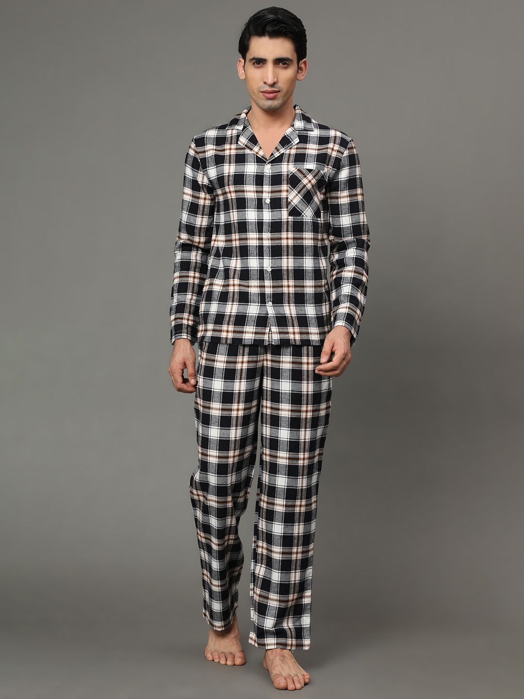 

BStories Men Black & White Checked Pure Cotton Night suit