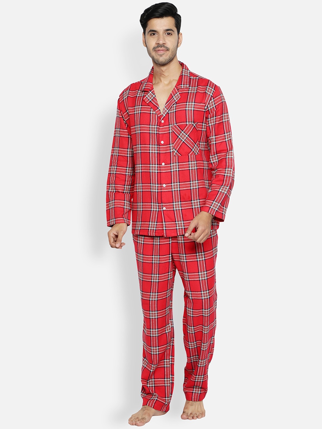 

BStories Men Red & White Checked Night suit