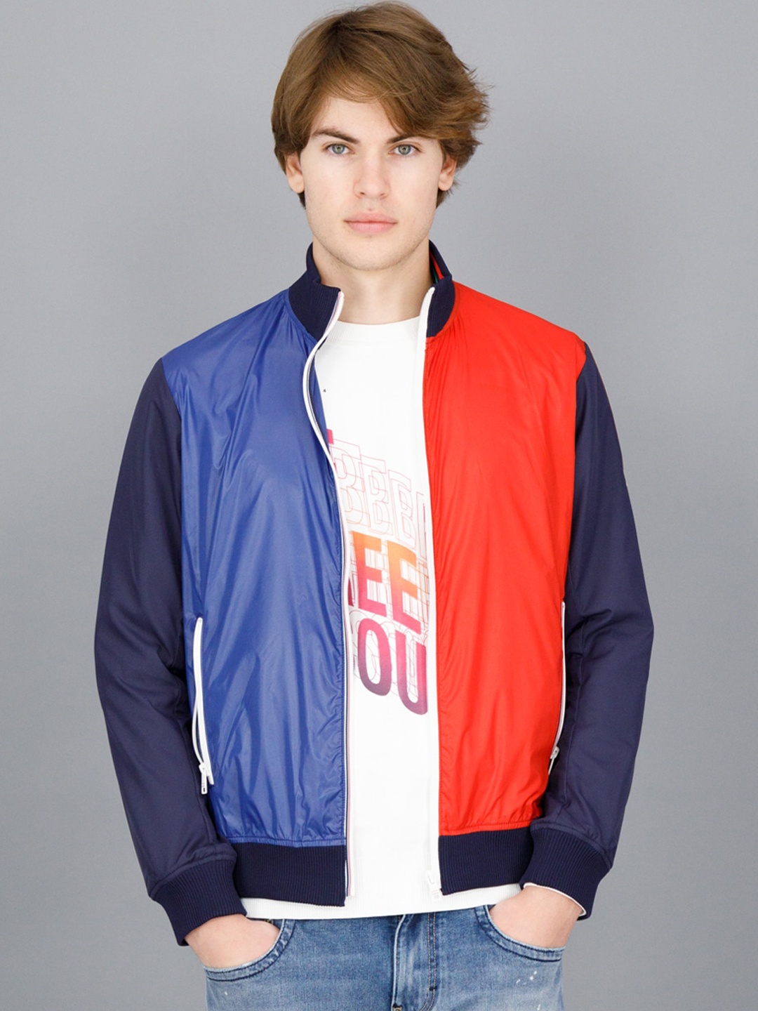 

FREESOUL Men Blue Colourblocked Bomber Jacket