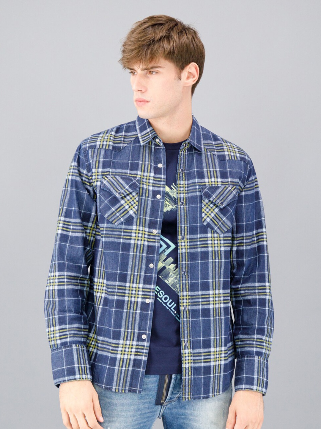 

FREESOUL Men Tartan Checked Pure Cotton Casual Shirt, Blue