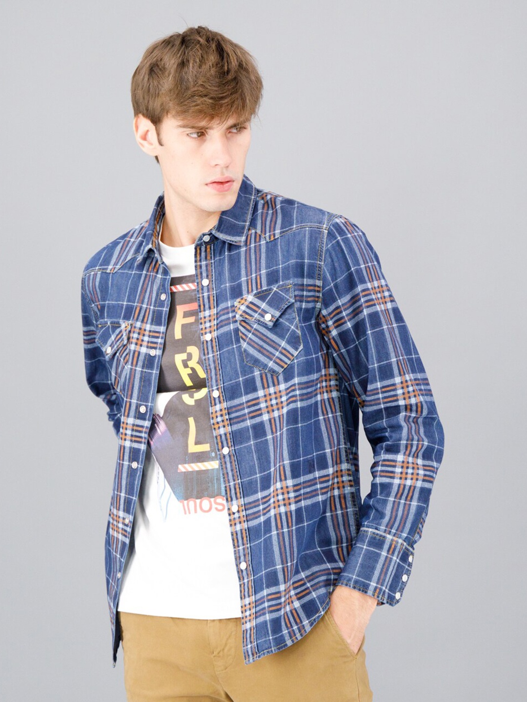 

FREESOUL Men Tartan Checked Pure Cotton Casual Shirt, Blue