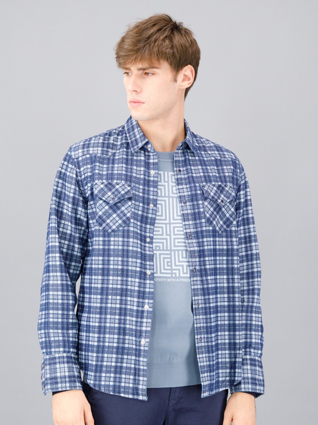 

FREESOUL Men Tartan Checked Pure Cotton Casual Shirt, Blue