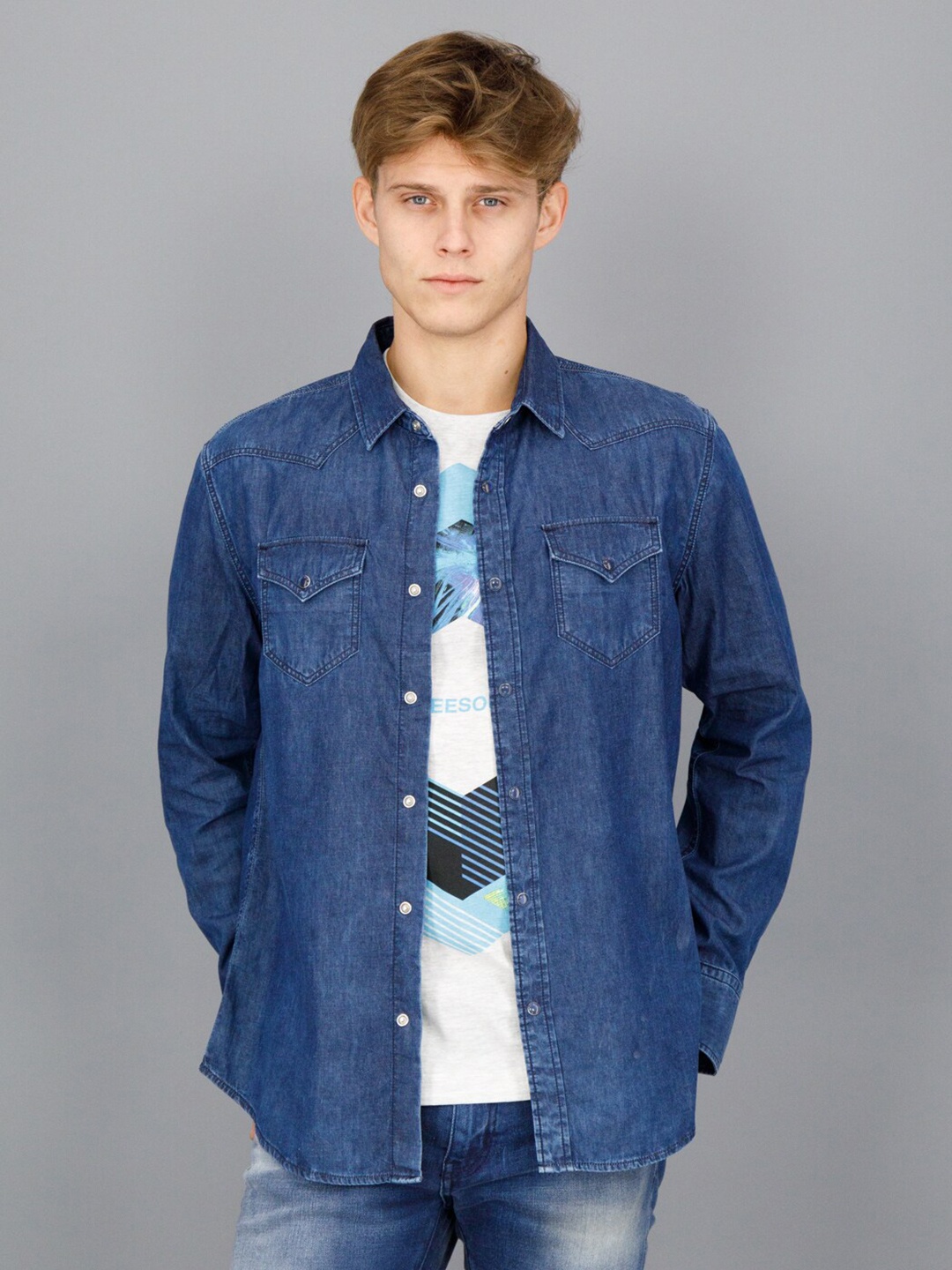 

FREESOUL Men Faded Pure Cotton Casual Shirt, Blue