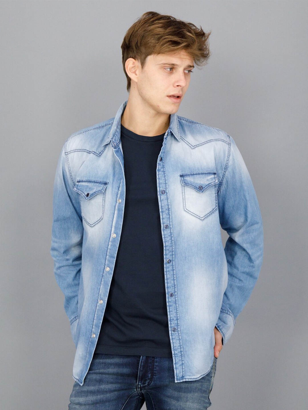 

FREESOUL Men Faded Pure Cotton Casual Shirt, Blue