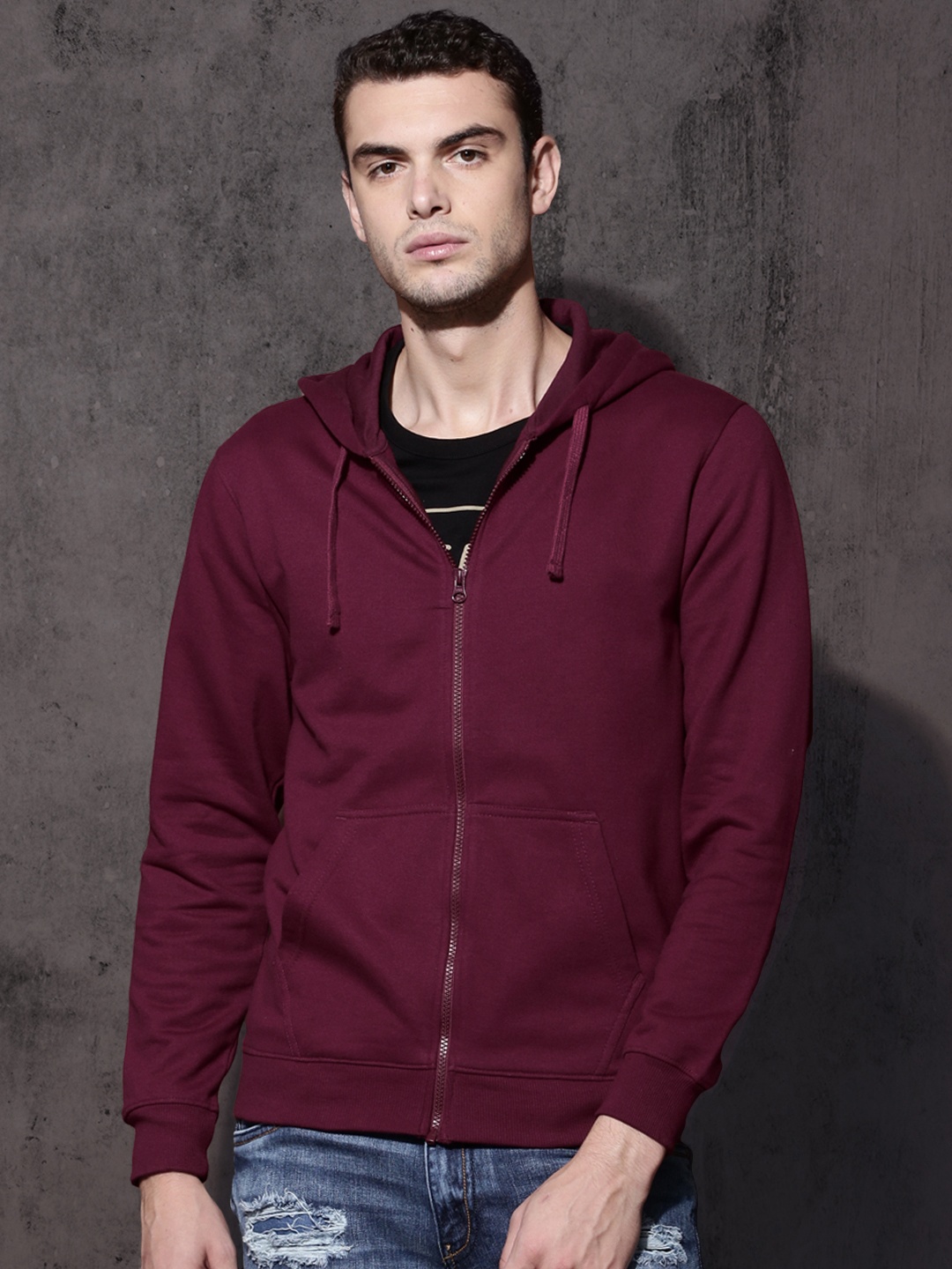 

Roadster Men Burgundy Solid Hooded Sweatshirt