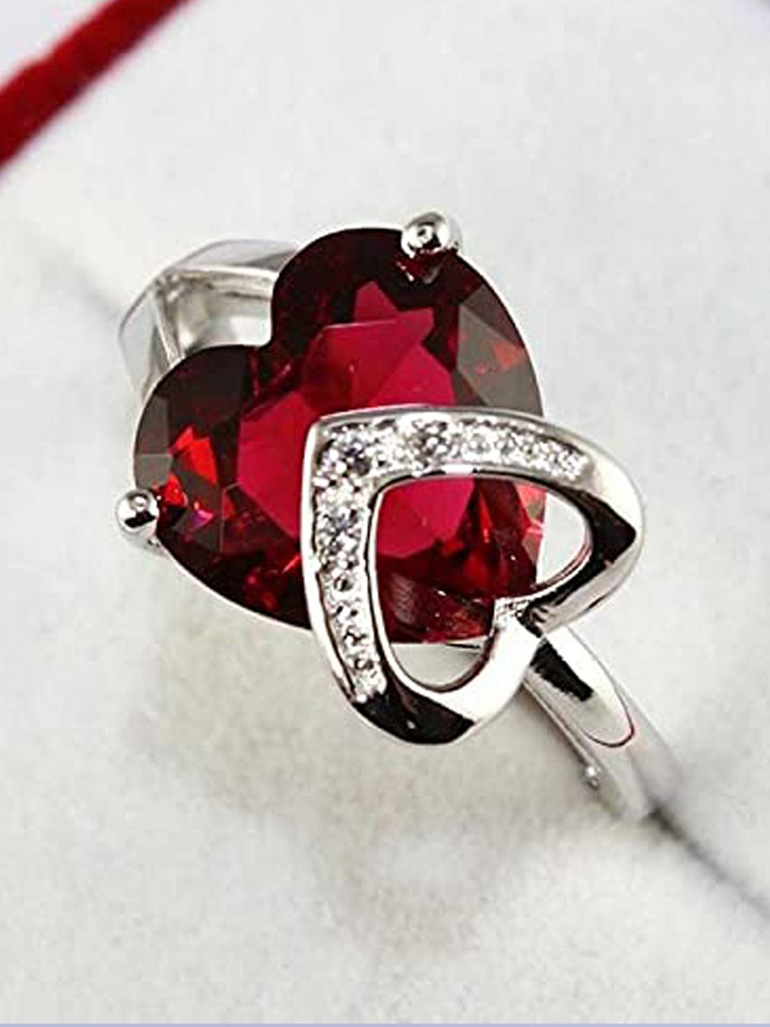

UNIVERSITY TRENDZ Women Red & Silver-Plated Heart Shaped Crystal Stainless Steel Ring
