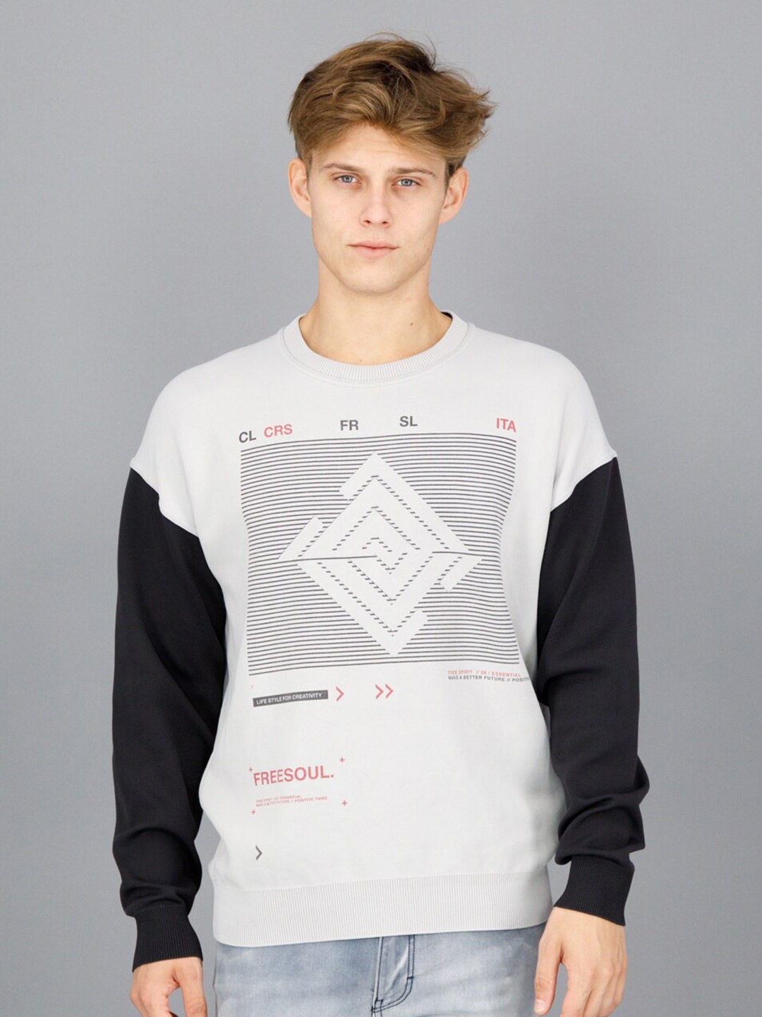 

FREESOUL Men Grey & Black Printed Sweatshirt