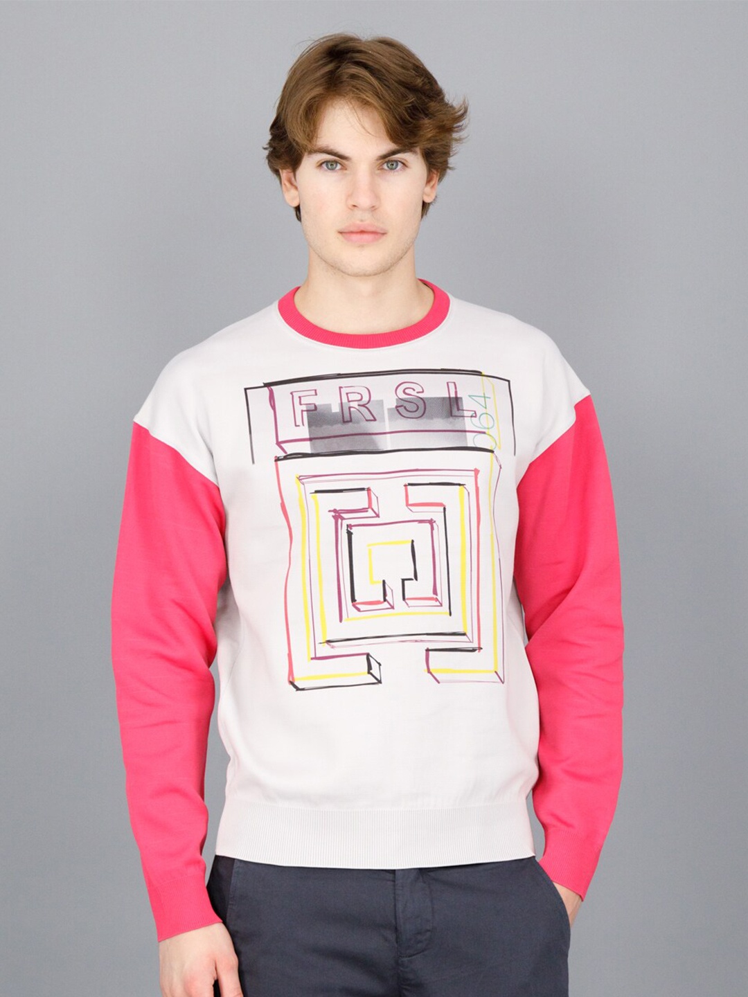 

FREESOUL Men Off White & Pink Printed Sweatshirt