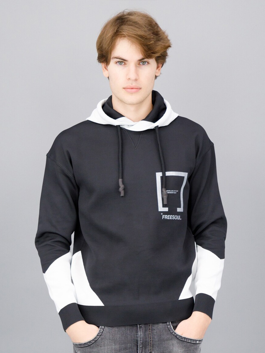 

FREESOUL Men Colourblocked Hooded Sweatshirt, Black