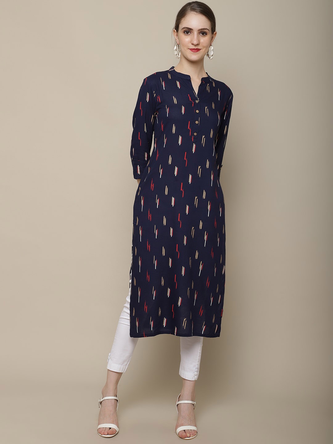 

Sangria Women Navy Blue & Red Pure Cotton Geometric Printed Kurta