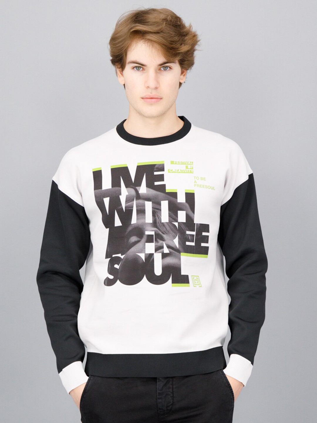 

FREESOUL Men Off White & Black Printed Sweatshirt