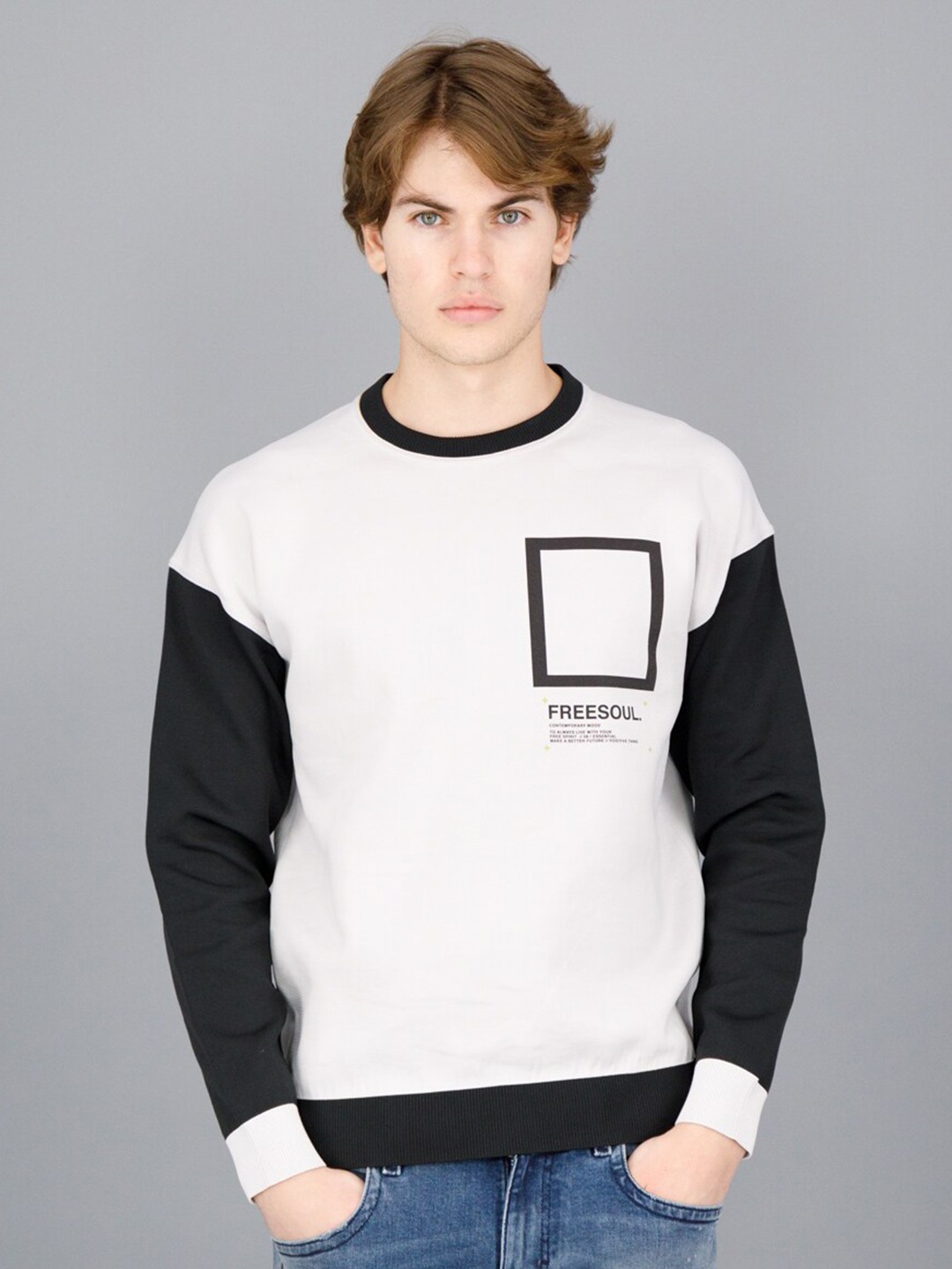 

FREESOUL Men Off White & Black Printed Sweatshirt