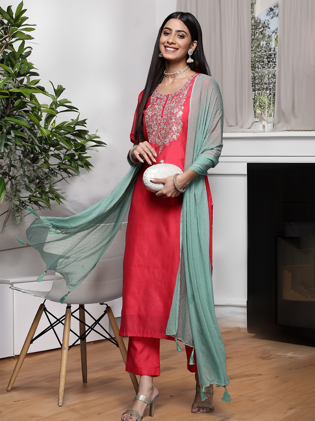 

Varanga Women Floral Yoke Design Sequinned Kurta with Trousers & With Dupatta, Coral