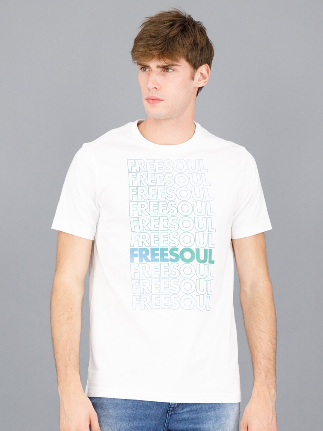 

FREESOUL Men White Typography Pure Cotton Printed Round Neck Short Sleeves T-shirt