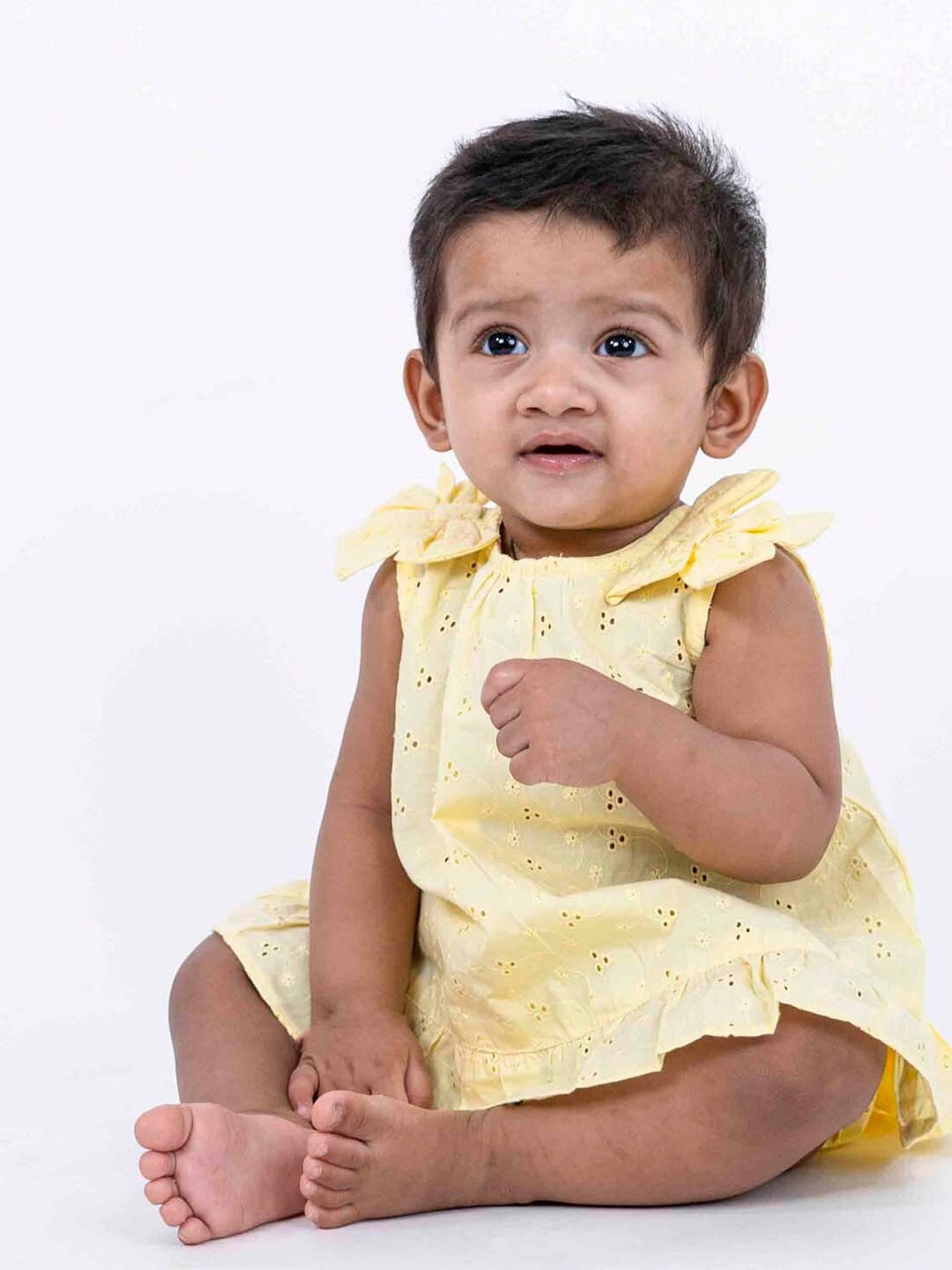 

haus & kinder Girls Yellow Self Design Cotton A-Line Dress