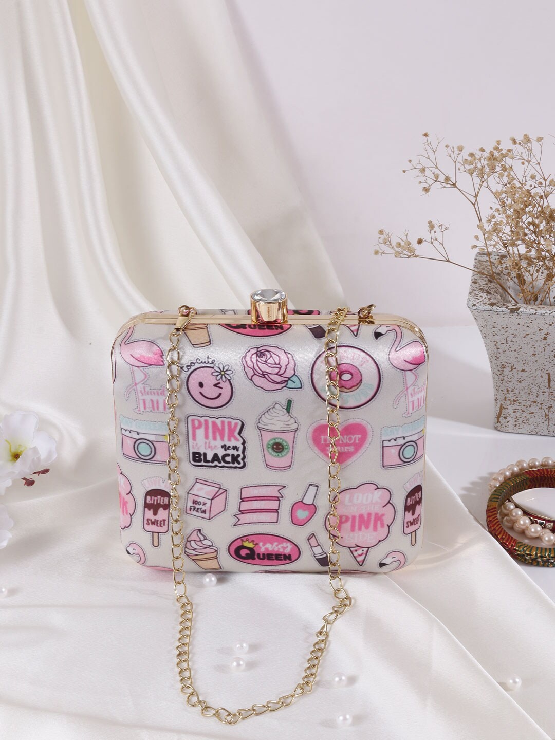 

Swisni Silver-Toned & Pink Printed Box Clutch
