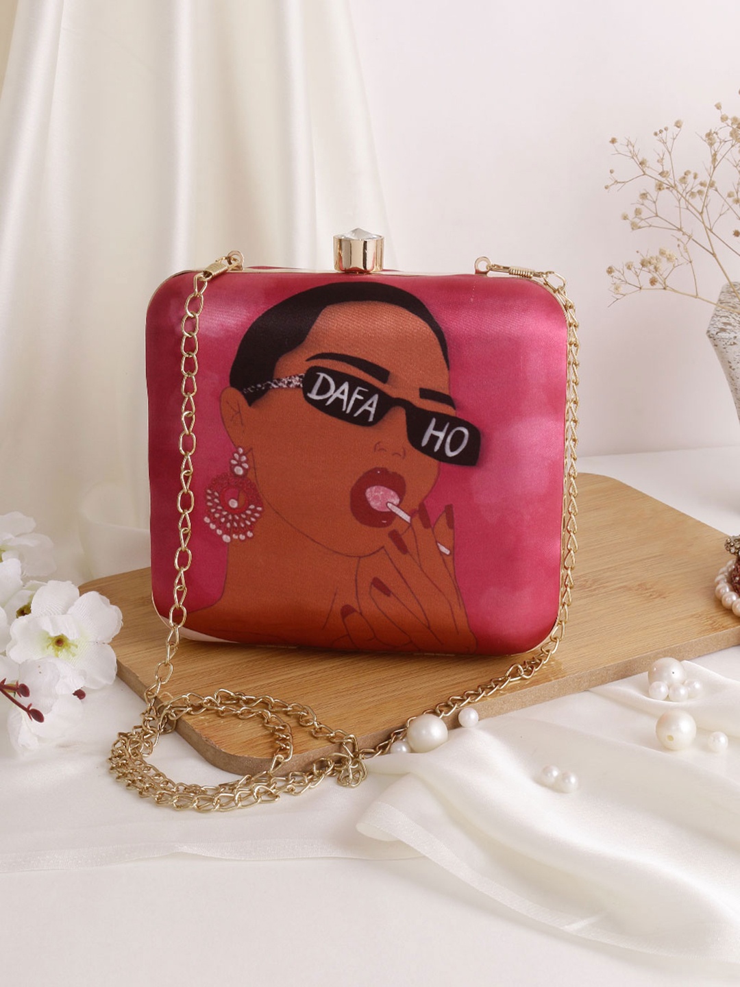 

Swisni Women Pink & Brown Printed Box Clutch With Shoulder Strap