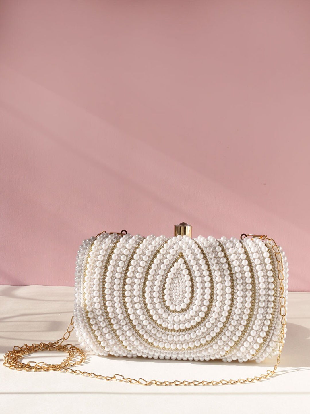 

Swisni Women White And Gold Embroidered And Pearl Embellished Box Clutch