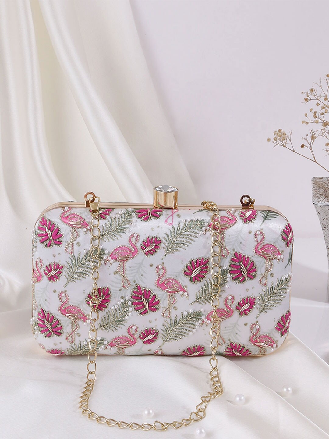 

Swisni White & Pink Printed Box Clutch
