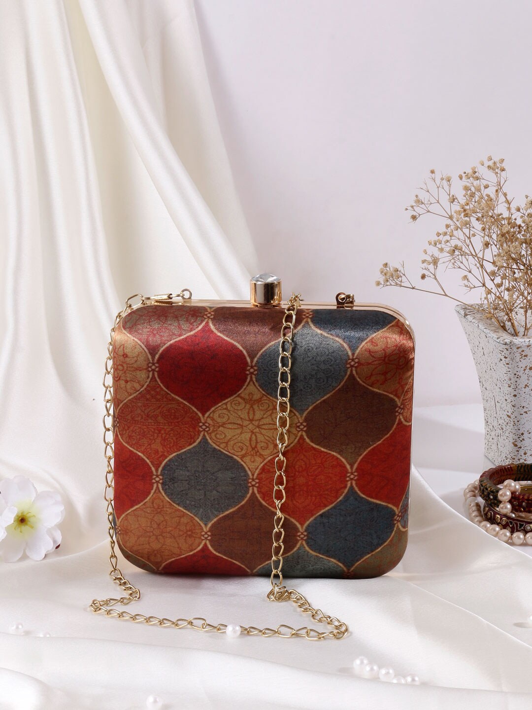 

Swisni Brown & Blue Printed Box Clutch