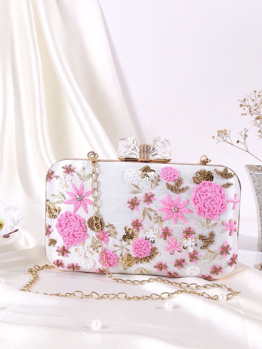 

Swisni Embroidered Embellished Box Clutch, White